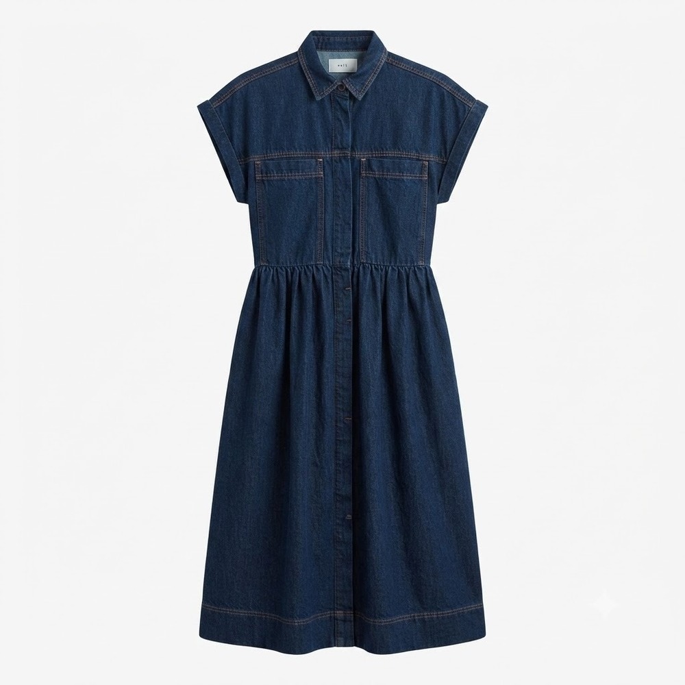 MAYE Womens Blue Denim Button Up Cap Sleeve Midi Shirt Dress Pockets Small - CJ